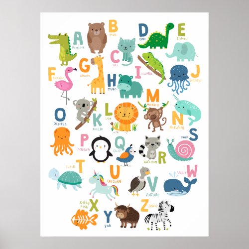 Animal Alphabet Kids Nursery Home School Classroom Poster