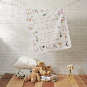 Animal Alphabet   Nursery Birth Stats Baby Blanket