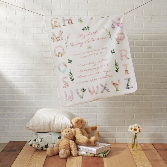 Animal Alphabet | Nursery Birth Stats Baby Blanket (In Situ)