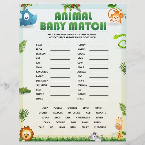 Animal Baby Match Baby Shower Game Animal Theme  Letterhead