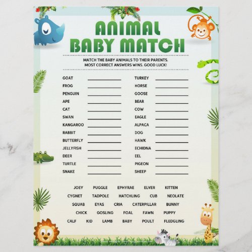 Animal Baby Match Baby Shower Game Animal Theme Letterhead