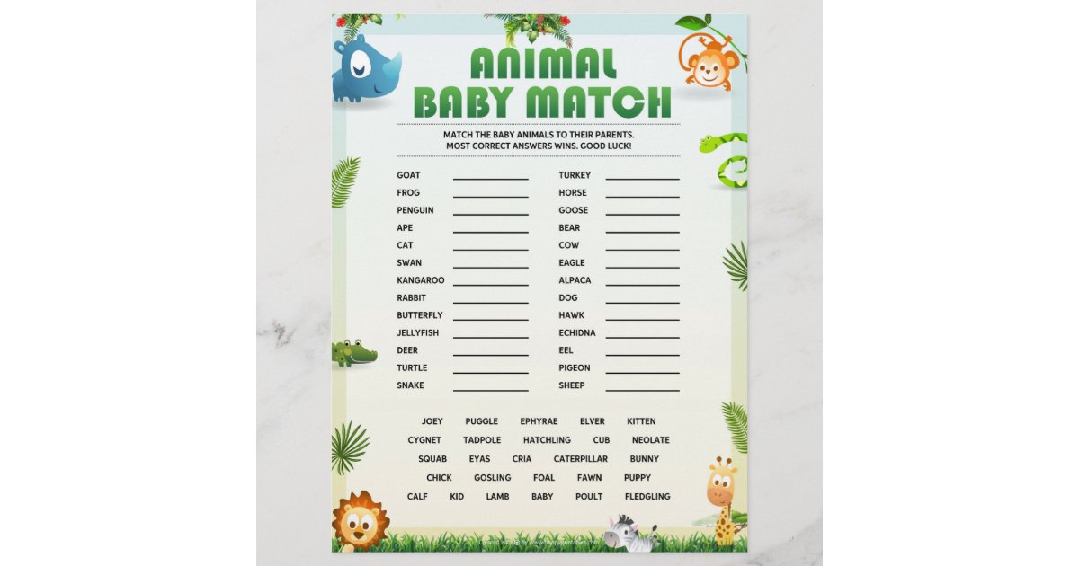 Animal Baby Match Baby Shower Game [Animal Theme] Letterhead Zazzle