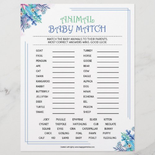 Animal Baby Match Blue Floral Theme Letterhead