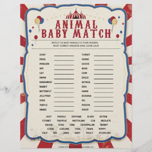 Animal Baby Match Circus Theme Letterhead