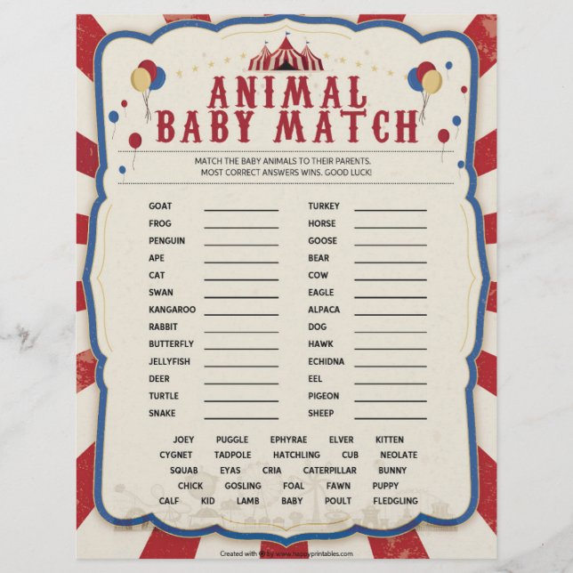 Animal Baby Match [Circus Theme] Letterhead (Front)