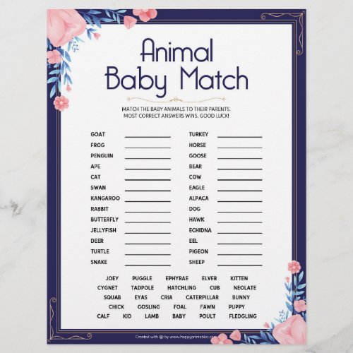 Animal Baby Match Floral Frame Letterhead