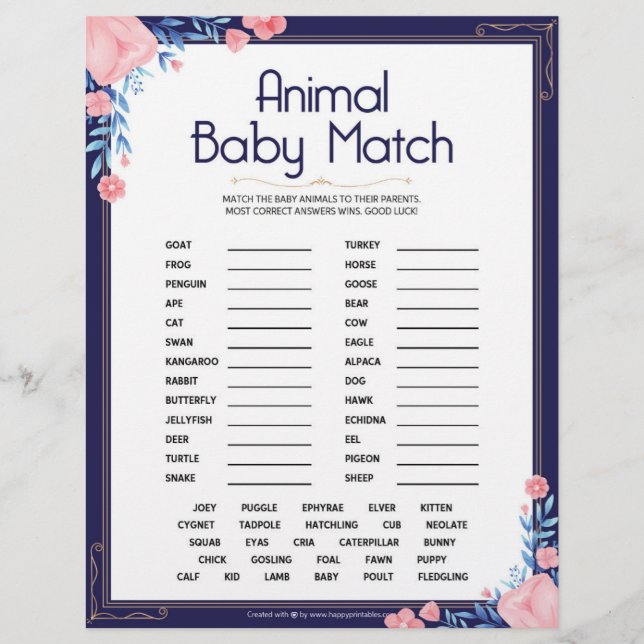Animal Baby Match [Floral Frame] Letterhead (Front)