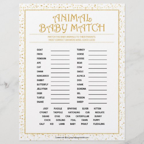 Animal Baby Match Golden Sparkles Letterhead