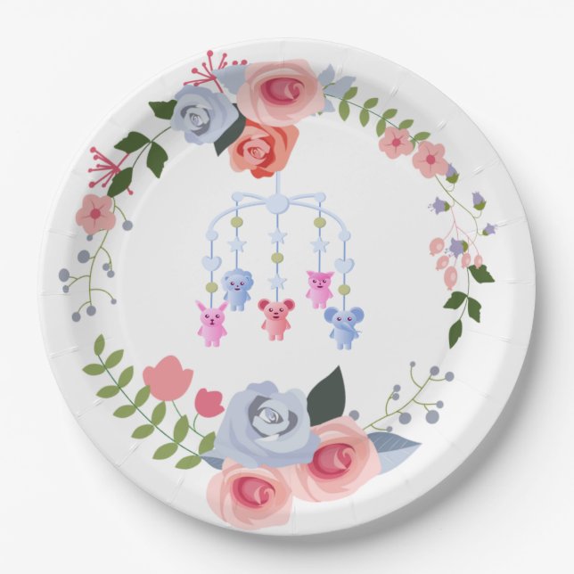 Animal Baby Mobile Floral Baby Shower Paper Plates (Front)