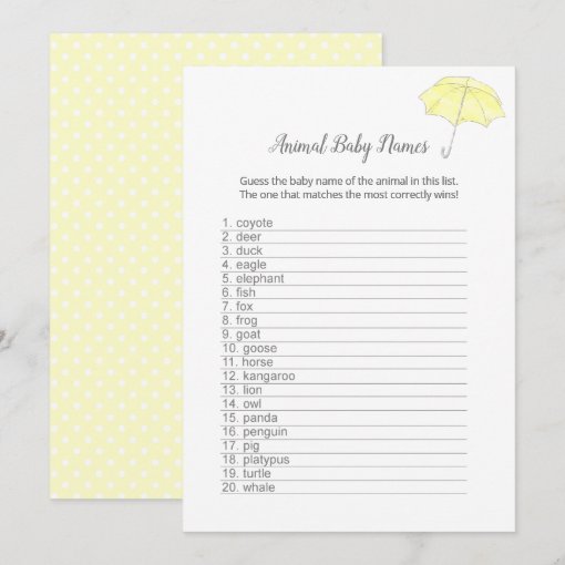 Animal Baby Names Baby Sprinkle Shower Game Card | Zazzle