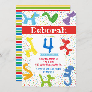 Animal balloons 4th birthday invitation