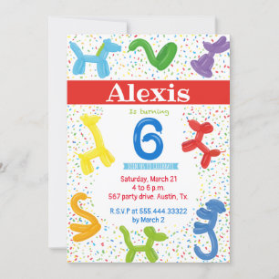ANIMAL BALLOONS 6th BIRTHDAY Invitation