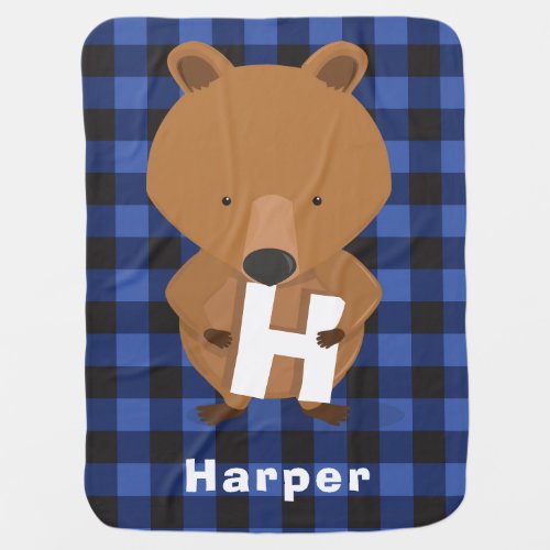 Animal Bear Monogram Name Kids Blue Plaid Baby Blanket