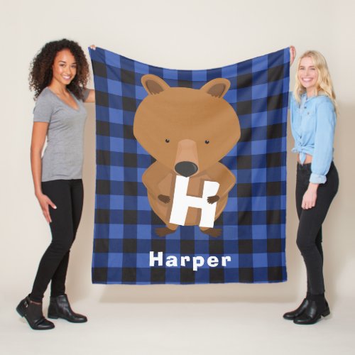 Animal Bear Monogram Name Kids Blue Plaid Fleece Blanket