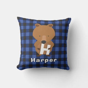 Animal Bear Monogram Name Kids Blue Plaid Throw Pillow