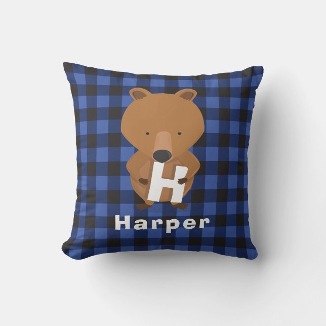 Animal Bear Monogram Name Kids Blue Plaid Throw Pillow (Front)