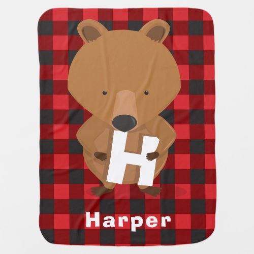 Animal Bear Monogram Name Kids Red Plaid Baby Blanket