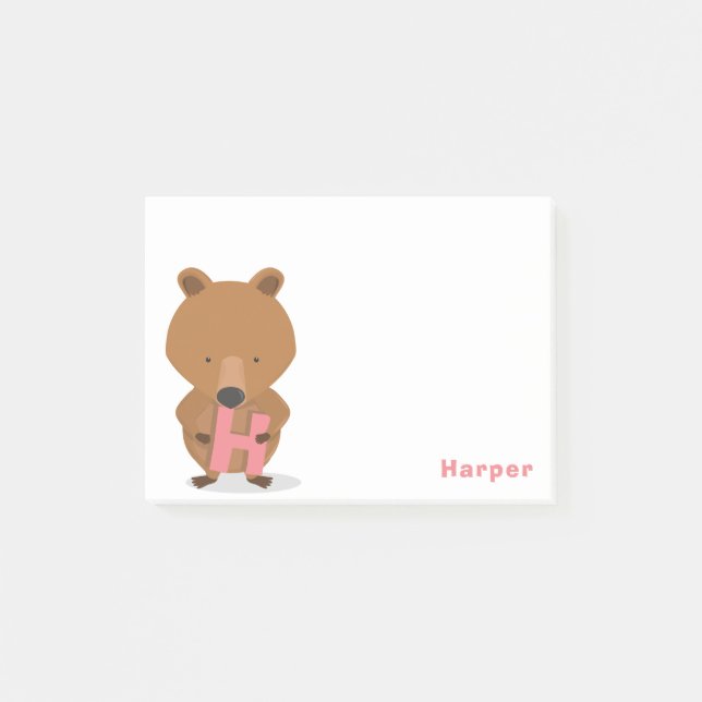 Animal Bear Monogram Pink Name Kids Post-it Notes (Front)