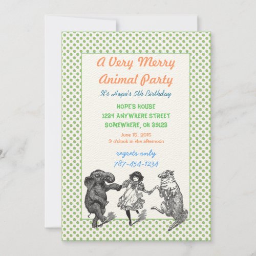 Animal Birthday Party Invitation Green Dot Border