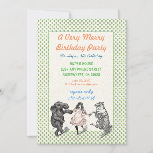 Animal Birthday Party Invitation Green Dot Border