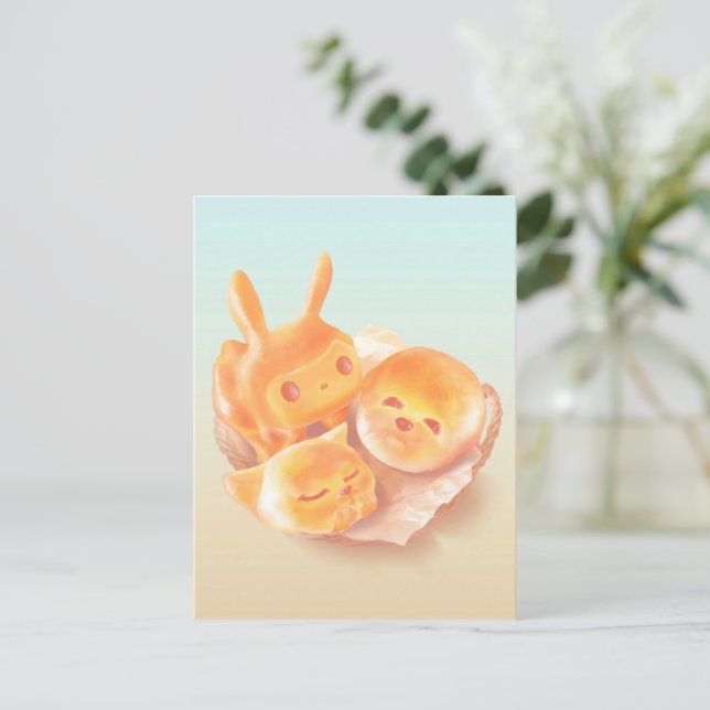 Animal Bread Basket: Smiling Bichon, Bunny & Cat Announcement Postcard (Standing Front)