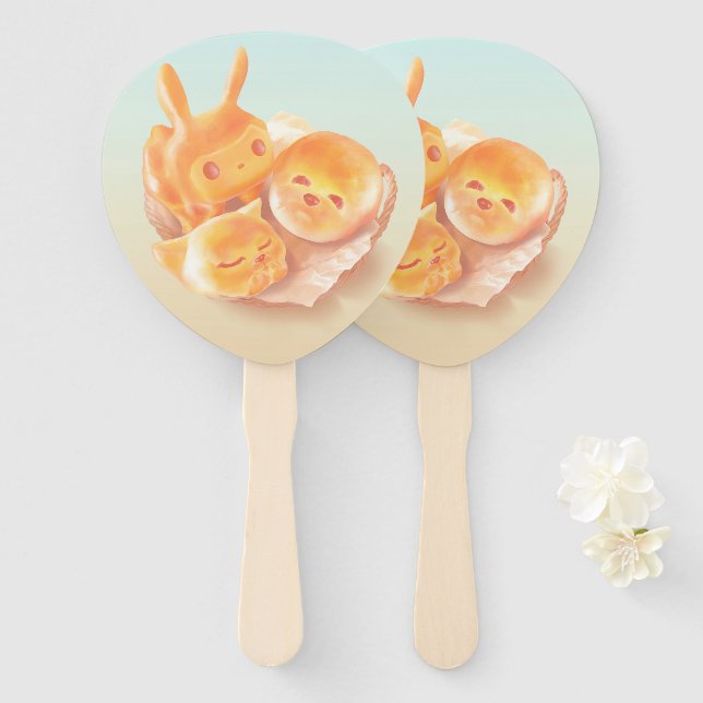 Animal Bread Basket: Smiling Bichon, Bunny & Cat Hand Fan (Front and Back)