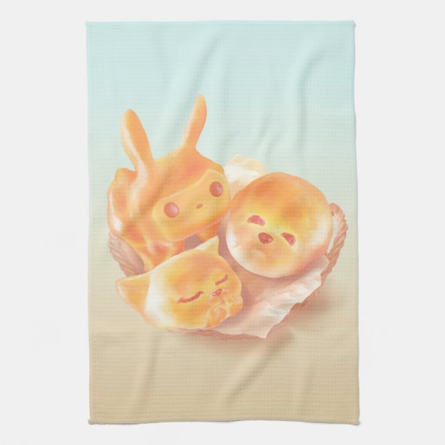 Animal Bread Basket: Smiling Bichon, Bunny & Cat Kitchen Towel (Vertical)