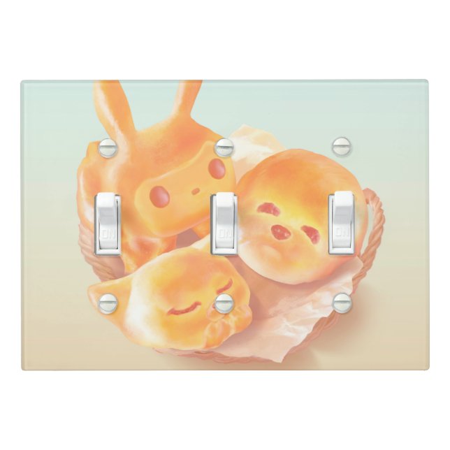 Animal Bread Basket: Smiling Bichon, Bunny & Cat Light Switch Cover (In Situ)