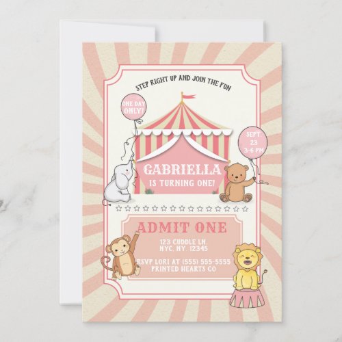 Animal Circus  Birthday Invitation  Vintage Pink