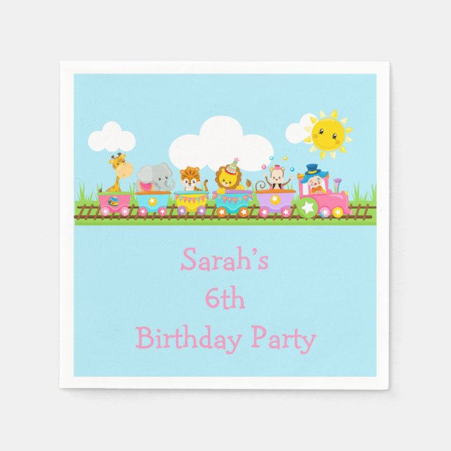 Animal Circus Train Kids Birthday in Pink Napkins (Front)