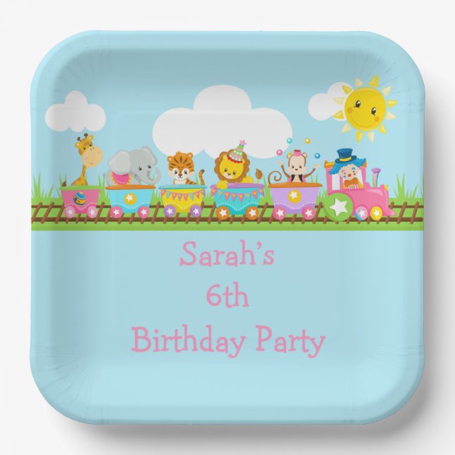 Animal Circus Train Kids Birthday in Pink Paper Plates (Front)