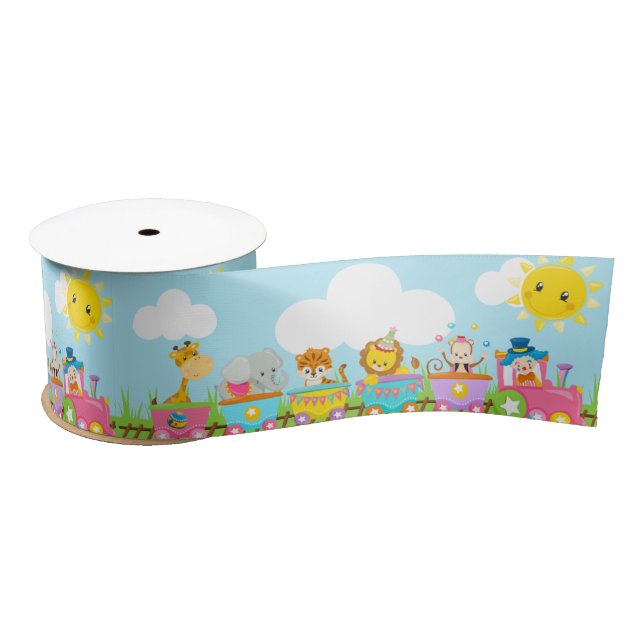 Animal Circus Train Kids Birthday in Pink Satin Ribbon (Spool)