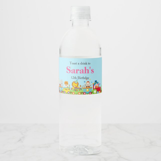 Animal Circus Train Kids Birthday in Pink Water Bottle Label (Front)