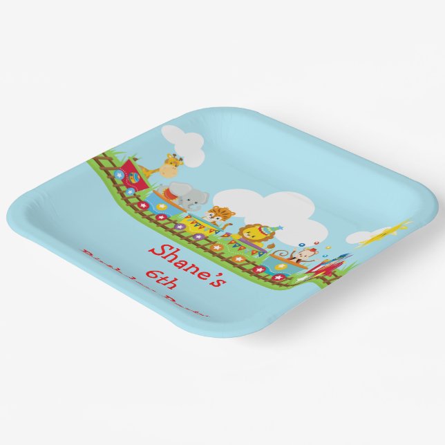 Animal Circus Train Kids Birthday in Red Paper Plates (Angled)