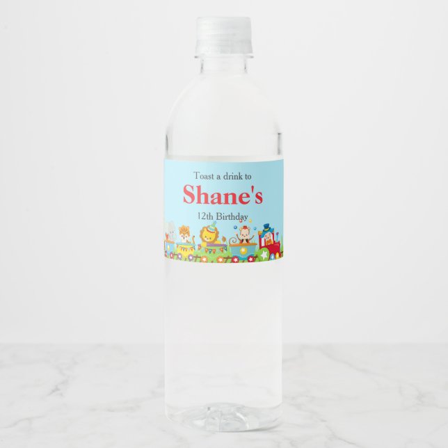 Animal Circus Train Kids Birthday in Red Water Bottle Label (Front)