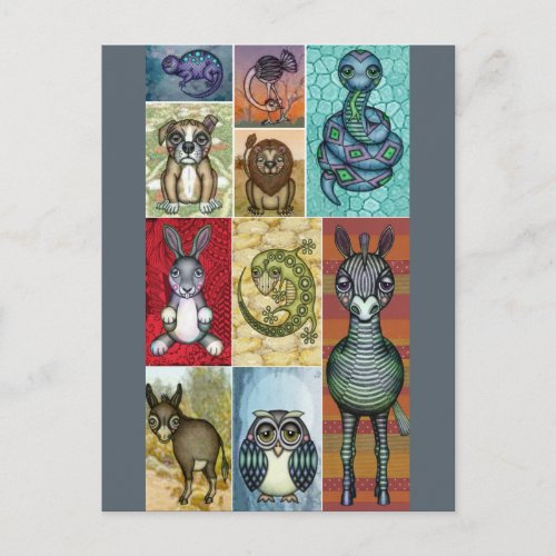 Animal Collage Folk Art Design Postcard