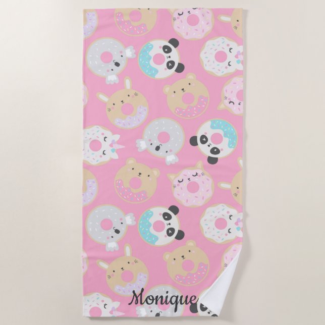 animal donuts girly cute monogram beach towel (Front)