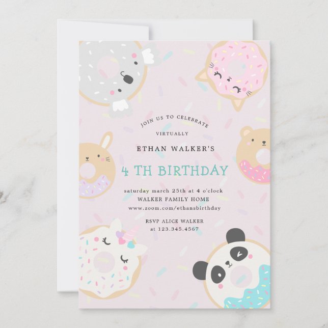 animal donuts virtual birthday party invitation (Front)