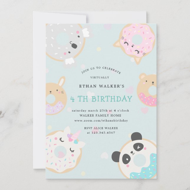 animal donuts virtual birthday party invitation (Front)