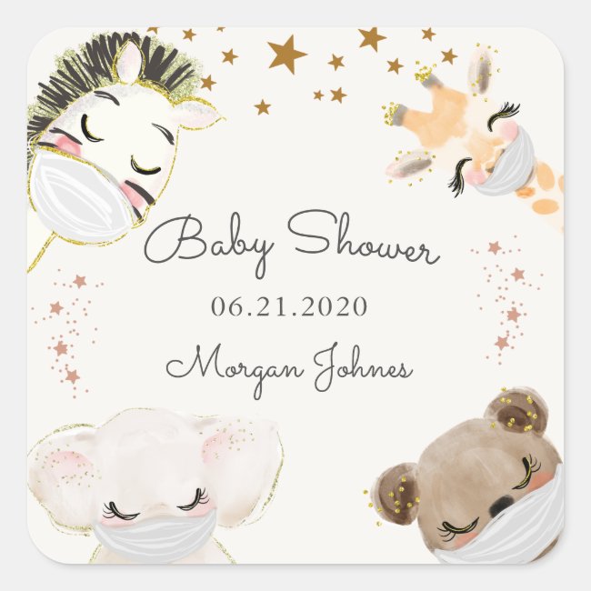 animal face mask baby shower monogram square sticker