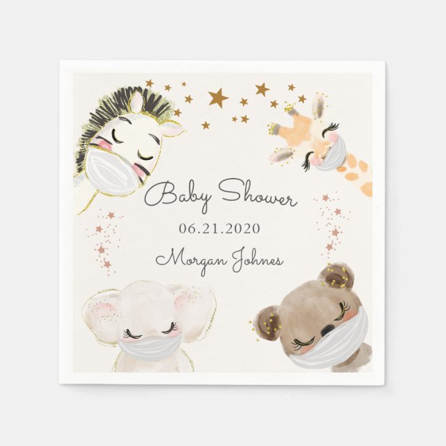 animal face masks baby shower monogram napkins (Front)
