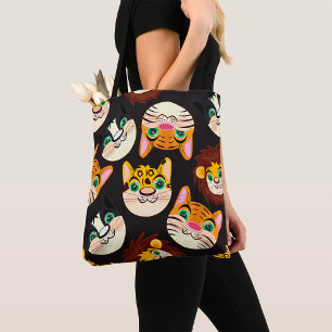 Animal Faces Pattern Cats Lions Dogs Tote Bag