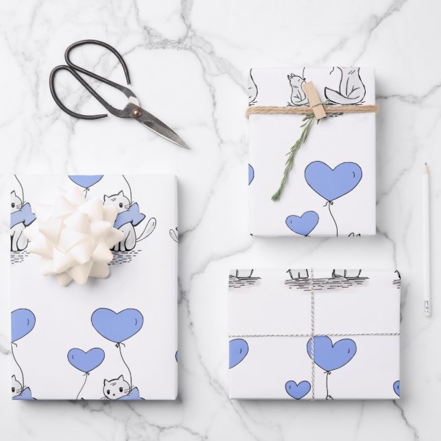 Animal Family With Blue Heart Balloons Wrapping Paper Sheets (Front)