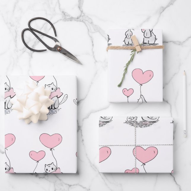 Animal Family With Pink Heart Balloons Wrapping Paper Sheets (Front)