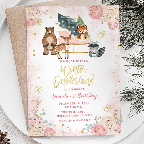 Animal Forest Pink Winter Onederland Birthday Invitation