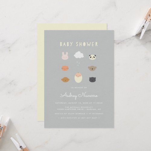 Animal Friends Baby Shower Gray Invitation