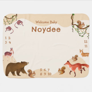 Animal Friends, Beige Brown Name Milestone Baby Blanket
