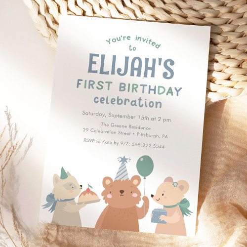 Animal Friends Modern 1st Birthday Party Invitation