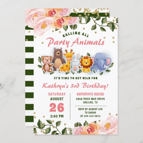 Animal Friends Pink Floral Greenery Birthday Invitation