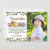 Animal Friends Zoo Party Greenery Birthday Photo Thank You Card (Front)